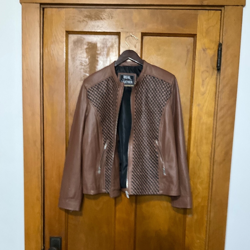 Basket weave leather jacket plus